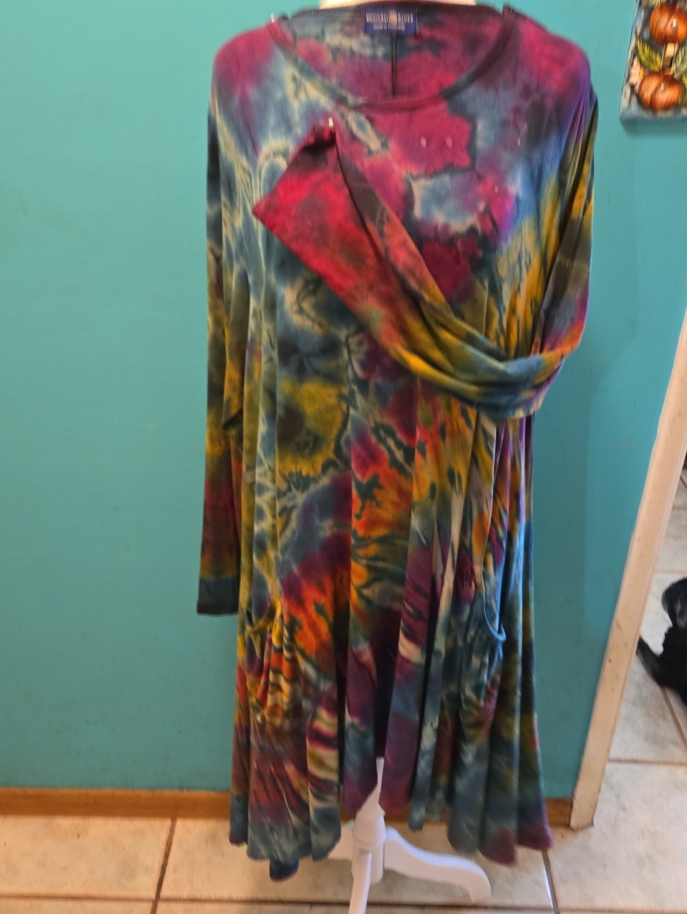 Tie-Dye Long Sleeve Dress With Hankerchief Hem. Multicolor